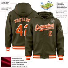 Load image into Gallery viewer, Custom Olive Orange-White Bomber Full-Snap Varsity Letterman Salute To Service Hoodie Jacket
