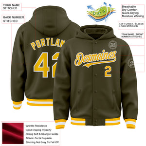 Custom Olive Gold-White Bomber Full-Snap Varsity Letterman Salute To Service Hoodie Jacket