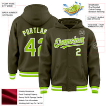 Load image into Gallery viewer, Custom Olive Neon Green-White Bomber Full-Snap Varsity Letterman Salute To Service Hoodie Jacket
