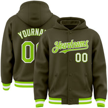 Load image into Gallery viewer, Custom Olive Neon Green-White Bomber Full-Snap Varsity Letterman Salute To Service Hoodie Jacket
