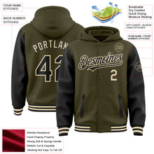 Load image into Gallery viewer, Custom Olive Black-Cream Bomber Full-Snap Varsity Letterman Two Tone Salute To Service Hoodie Jacket
