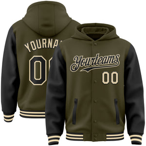 Custom Olive Black-Cream Bomber Full-Snap Varsity Letterman Two Tone Salute To Service Hoodie Jacket