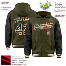 Load image into Gallery viewer, Custom Olive Vintage USA Flag Cream-Black Bomber Full-Snap Varsity Letterman Two Tone Salute To Service Hoodie Jacket
