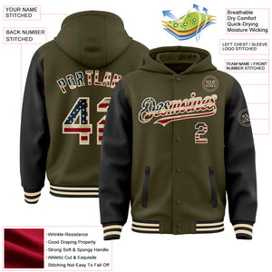 Custom Olive Vintage USA Flag Cream-Black Bomber Full-Snap Varsity Letterman Two Tone Salute To Service Hoodie Jacket