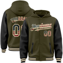 Load image into Gallery viewer, Custom Olive Vintage USA Flag Cream-Black Bomber Full-Snap Varsity Letterman Two Tone Salute To Service Hoodie Jacket
