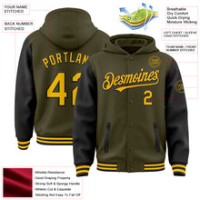 Load image into Gallery viewer, Custom Olive Gold-Black Bomber Full-Snap Varsity Letterman Two Tone Salute To Service Hoodie Jacket
