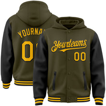 Load image into Gallery viewer, Custom Olive Gold-Black Bomber Full-Snap Varsity Letterman Two Tone Salute To Service Hoodie Jacket
