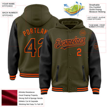 Load image into Gallery viewer, Custom Olive Black-Orange Bomber Full-Snap Varsity Letterman Two Tone Salute To Service Hoodie Jacket
