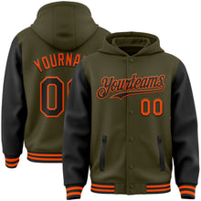 Load image into Gallery viewer, Custom Olive Black-Orange Bomber Full-Snap Varsity Letterman Two Tone Salute To Service Hoodie Jacket
