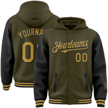 Load image into Gallery viewer, Custom Olive Old Gold-Black Bomber Full-Snap Varsity Letterman Two Tone Salute To Service Hoodie Jacket
