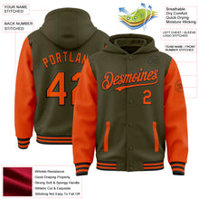 Load image into Gallery viewer, Custom Olive Orange-Black Bomber Full-Snap Varsity Letterman Two Tone Salute To Service Hoodie Jacket
