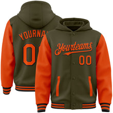 Load image into Gallery viewer, Custom Olive Orange-Black Bomber Full-Snap Varsity Letterman Two Tone Salute To Service Hoodie Jacket
