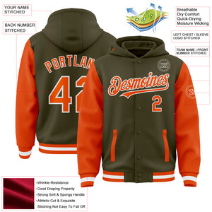 Custom Olive Orange-White Bomber Full-Snap Varsity Letterman Two Tone Salute To Service Hoodie Jacket