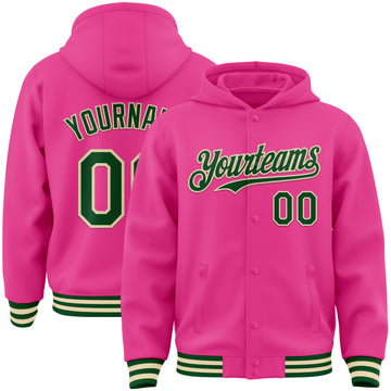 Custom Pink Green-Cream Bomber Full-Snap Varsity Letterman Hoodie Jacket