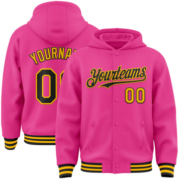 Custom Pink Black-Gold Bomber Full-Snap Varsity Letterman Hoodie Jacket