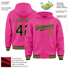 Load image into Gallery viewer, Custom Pink Black-Old Gold Bomber Full-Snap Varsity Letterman Hoodie Jacket
