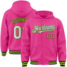 Load image into Gallery viewer, Custom Pink Black-Neon Green Bomber Full-Snap Varsity Letterman Hoodie Jacket
