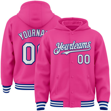 Custom Pink White-Royal Bomber Full-Snap Varsity Letterman Hoodie Jacket