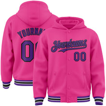 Load image into Gallery viewer, Custom Pink Purple-Black Bomber Full-Snap Varsity Letterman Hoodie Jacket
