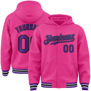 Custom Pink Purple-Black Bomber Full-Snap Varsity Letterman Hoodie Jacket