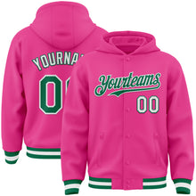 Load image into Gallery viewer, Custom Pink Kelly Green-White Bomber Full-Snap Varsity Letterman Hoodie Jacket
