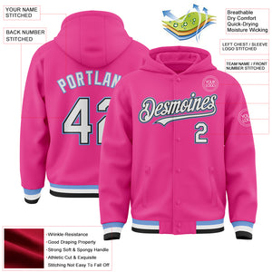 Custom Pink Black-Light Blue Bomber Full-Snap Varsity Letterman Hoodie Jacket