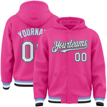 Load image into Gallery viewer, Custom Pink Black-Light Blue Bomber Full-Snap Varsity Letterman Hoodie Jacket
