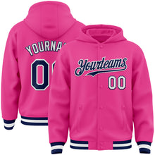 Load image into Gallery viewer, Custom Pink Navy-White Bomber Full-Snap Varsity Letterman Hoodie Jacket
