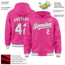 Load image into Gallery viewer, Custom Pink White-Gray Bomber Full-Snap Varsity Letterman Hoodie Jacket
