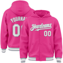 Load image into Gallery viewer, Custom Pink White-Gray Bomber Full-Snap Varsity Letterman Hoodie Jacket
