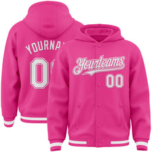 Load image into Gallery viewer, Custom Pink White Bomber Full-Snap Varsity Letterman Hoodie Jacket
