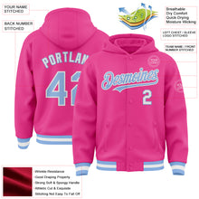 Load image into Gallery viewer, Custom Pink Light Blue-White Bomber Full-Snap Varsity Letterman Hoodie Jacket
