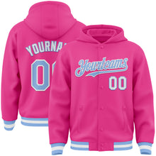 Load image into Gallery viewer, Custom Pink Light Blue-White Bomber Full-Snap Varsity Letterman Hoodie Jacket
