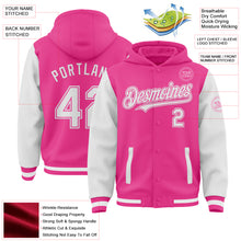 Load image into Gallery viewer, Custom Pink White Bomber Full-Snap Varsity Letterman Two Tone Hoodie Jacket
