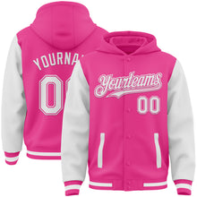 Load image into Gallery viewer, Custom Pink White Bomber Full-Snap Varsity Letterman Two Tone Hoodie Jacket
