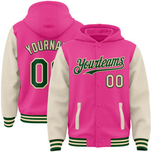 Load image into Gallery viewer, Custom Pink Green-Cream Bomber Full-Snap Varsity Letterman Two Tone Hoodie Jacket
