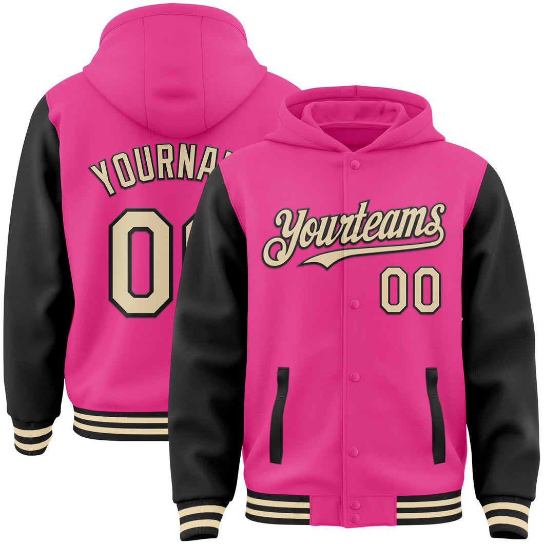 Custom Pink Cream-Black Bomber Full-Snap Varsity Letterman Two Tone Hoodie Jacket