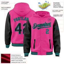 Load image into Gallery viewer, Custom Pink Black-Teal Bomber Full-Snap Varsity Letterman Two Tone Hoodie Jacket
