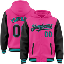 Load image into Gallery viewer, Custom Pink Black-Teal Bomber Full-Snap Varsity Letterman Two Tone Hoodie Jacket
