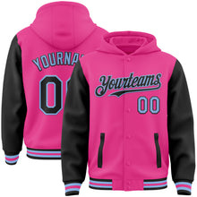 Load image into Gallery viewer, Custom Pink Black-Light Blue Bomber Full-Snap Varsity Letterman Two Tone Hoodie Jacket
