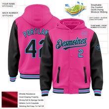 Load image into Gallery viewer, Custom Pink Black-Sky Blue Bomber Full-Snap Varsity Letterman Two Tone Hoodie Jacket
