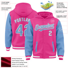 Load image into Gallery viewer, Custom Pink Light Blue-White Bomber Full-Snap Varsity Letterman Two Tone Hoodie Jacket
