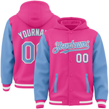 Load image into Gallery viewer, Custom Pink Light Blue-White Bomber Full-Snap Varsity Letterman Two Tone Hoodie Jacket
