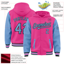 Load image into Gallery viewer, Custom Pink Light Blue-Black Bomber Full-Snap Varsity Letterman Two Tone Hoodie Jacket
