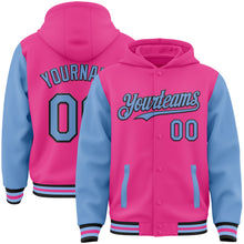 Load image into Gallery viewer, Custom Pink Light Blue-Black Bomber Full-Snap Varsity Letterman Two Tone Hoodie Jacket
