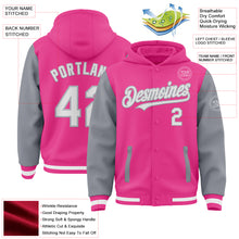 Load image into Gallery viewer, Custom Pink White-Gray Bomber Full-Snap Varsity Letterman Two Tone Hoodie Jacket
