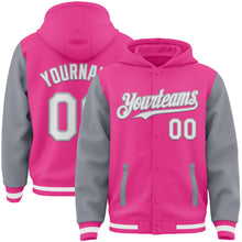 Load image into Gallery viewer, Custom Pink White-Gray Bomber Full-Snap Varsity Letterman Two Tone Hoodie Jacket
