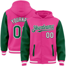 Load image into Gallery viewer, Custom Pink Kelly Green-White Bomber Full-Snap Varsity Letterman Two Tone Hoodie Jacket
