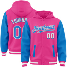 Load image into Gallery viewer, Custom Pink Powder Blue-White Bomber Full-Snap Varsity Letterman Two Tone Hoodie Jacket
