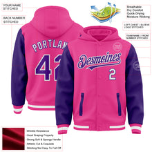 Load image into Gallery viewer, Custom Pink Purple-White Bomber Full-Snap Varsity Letterman Two Tone Hoodie Jacket
